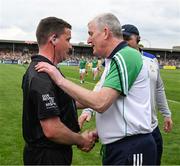 15 May 2022; Limerick manager John Kiely shakes hands with referee Colm Lyons after the Munster GAA Hurling Senior Championship Round 4 match between Clare and Limerick at Cusack Park in Ennis, Clare. Photo by Ray McManus/Sportsfile