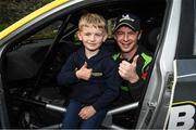 15 May 2022; Josh Moffett and 6 year old Jack Ryder from Bagenalstown Co.Carlow at the finish of the the Carlow Rally Round 4 of the National Championship in in Kildavin Co. Carlow. Photo by Philip Fitzpatrick/Sportsfile