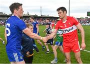 15 May 2022; Christopher McKaigue of Derry and Conor McManus of Monaghan during the Ulster GAA Football Senior Championship Semi-Final match between Derry and Monaghan at Athletic Grounds in Armagh. Photo by Ramsey Cardy/Sportsfile