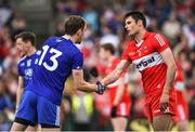 15 May 2022; Christopher McKaigue of Derry and Jack McCarron of Monaghan after the Ulster GAA Football Senior Championship Semi-Final match between Derry and Monaghan at Athletic Grounds in Armagh. Photo by Ramsey Cardy/Sportsfile