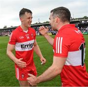15 May 2022; Shane McGuigan, left, and Niall Loughlin of Derry after the Ulster GAA Football Senior Championship Semi-Final match between Derry and Monaghan at Athletic Grounds in Armagh. Photo by Ramsey Cardy/Sportsfile
