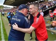 15 May 2022; Derry manager Rory Gallagher shakes hands with Monaghan manager Séamus McEnaney after the Ulster GAA Football Senior Championship Semi-Final match between Derry and Monaghan at Athletic Grounds in Armagh. Photo by Daire Brennan/Sportsfile