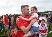15 May 2022; Derry manager Rory Gallagher with his daughter Lucy after the Ulster GAA Football Senior Championship Semi-Final match between Derry and Monaghan at Athletic Grounds in Armagh. Photo by Ramsey Cardy/Sportsfile