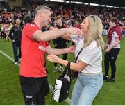 15 May 2022; Derry manager Rory Gallagher celebrates with his sister Claire after the Ulster GAA Football Senior Championship Semi-Final match between Derry and Monaghan at Athletic Grounds in Armagh. Photo by Daire Brennan/Sportsfile