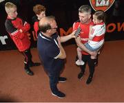15 May 2022; Derry manager Rory Gallagher holding his daughter Ally, aged 6, does an interview with Michael Wilson, of the Derry Journal after the Ulster GAA Football Senior Championship Semi-Final match between Derry and Monaghan at Athletic Grounds in Armagh. Photo by Daire Brennan/Sportsfile