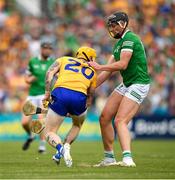 15 May 2022; Aaron Fitzgerald of Clare falls after a clash with Gearóid Hegarty of Limerick during the Munster GAA Hurling Senior Championship Round 4 match between Clare and Limerick at Cusack Park in Ennis, Clare. Photo by Ray McManus/Sportsfile