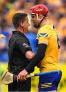 15 May 2022; Referee Colm Lyons with John Conlon of Clare after the Munster GAA Hurling Senior Championship Round 4 match between Clare and Limerick at Cusack Park in Ennis, Clare. Photo by Ray McManus/Sportsfile