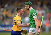 15 May 2022; David Reidy of Clare and William O'Donogue of Limerick shake hands after the Munster GAA Hurling Senior Championship Round 4 match between Clare and Limerick at Cusack Park in Ennis, Clare. Photo by Ray McManus/Sportsfile