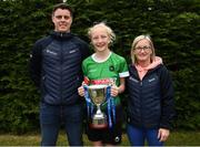 16 May 2022; Peamount United captain Chloe Doyle with Clubforce Key Account Executive Ian Morries and former Ireland international Olivia O'Toole after the 2022 Clubforce DDSL Girls U13 League Cup Final match, the first time the DDSL has held a schoolgirls' final, between Stepaside FC and Peamount United at the AUL in Dublin. Photo by Harry Murphy/Sportsfile