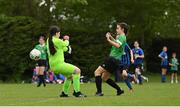 16 May 2022; Sarah Reynolds of Peamount United shoots to score her side's second goal past Stepaside goalkeeper Lilian Tobin during the 2022 Clubforce DDSL Girls U13 League Cup Final match between Stepaside FC and Peamount United at the AUL in Dublin. Photo by Harry Murphy/Sportsfile