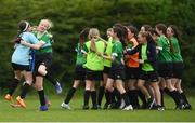 16 May 2022; Peamount United players including Emma Martin and Chloe Doyle, left, celebrate winning the first ever Clubforce DDSL Girls U13 League Cup Final match between Stepaside FC and Peamount United at the AUL in Dublin. Photo by Harry Murphy/Sportsfile