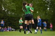 16 May 2022; Sarah Reynolds of Peamount United, left, celebrates with teammate Ava Prizeman after scoring her side's second goal during the 2022 Clubforce DDSL Girls U13 League Cup Final match between Stepaside FC and Peamount United at the AUL in Dublin. Photo by Harry Murphy/Sportsfile