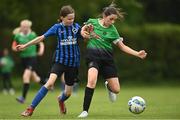 16 May 2022; Ava Prizeman of Peamount United in action against Zoe Whelan of Stepaside during the 2022 Clubforce DDSL Girls U13 League Cup Final match between Stepaside FC and Peamount United at the AUL in Dublin. Photo by Harry Murphy/Sportsfile