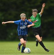 16 May 2022; Felicity Ryan of Stepaside in action against Sarah Reynolds of Peamount United during the 2022 Clubforce DDSL Girls U13 League Cup Final match between Stepaside FC and Peamount United at the AUL in Dublin. Photo by Harry Murphy/Sportsfile