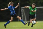 16 May 2022; Sarah Reynoldsof Peamount United in action against Felicity Ryan of Stepaside during the 2022 Clubforce DDSL Girls U13 League Cup Final match between Stepaside FC and Peamount United at the AUL in Dublin. Photo by Harry Murphy/Sportsfile
