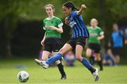 16 May 2022; Maya Shakanungu of Stepaside shoots to score her side's first goal during the 2022 Clubforce DDSL Girls U13 League Cup Final match between Stepaside FC and Peamount United at the AUL in Dublin. Photo by Harry Murphy/Sportsfile