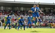 14 May 2022; Jamie Kelly, left, and Daniel Ridge of Bluebell United defend a corner during the FAI Centenary Intermediate Cup Final 2021/2022 match between Rockmount AFC and Bluebell United at Turner's Cross in Cork. Photo by Seb Daly/Sportsfile