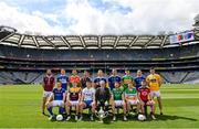 16 May 2022; In attendance at the launch of the 2022 Tailteann Cup, at Croke Park in Dublin, are back row, from left, Kevin Maguire of Westmeath, Evan O’Carroll of Laois, Darragh Foley of Carlow, Niall Murphy of Sligo, Teddy Doyle of Tipperary, Killian Clarke of Cavan, Mark Diffley of Leitrim, Dean Healy of Wicklow, Conor Stewart of Antrim. Front row, from left, Mickey Quinn of Longford, Martin O’Connor of Wexford, Conor Murray of Waterford, Uachtarán Chumann Lúthchleas Gael Larry McCarthy, Declan McCusker of Fermanagh, Johnny Moloney of Offaly and Barry O’Hagan of Down. Photo by Ramsey Cardy/Sportsfile