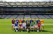 16 May 2022; In attendance at the launch of the 2022 Tailteann Cup, at Croke Park in Dublin, are back row, from left, Kevin Maguire of Westmeath, Evan O’Carroll of Laois, Darragh Foley of Carlow, Niall Murphy of Sligo, Teddy Doyle of Tipperary, Killian Clarke of Cavan, Mark Diffley of Leitrim, Dean Healy of Wicklow, Conor Stewart of Antrim. Front row, from left, Mickey Quinn of Longford, Martin O’Connor of Wexford, Conor Murray of Waterford, Uachtarán Chumann Lúthchleas Gael Larry McCarthy, Declan McCusker of Fermanagh, Johnny Moloney of Offaly and Barry O’Hagan of Down. Photo by Ramsey Cardy/Sportsfile