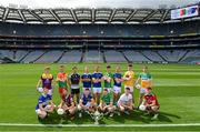 16 May 2022; In attendance at the launch of the 2022 Tailteann Cup, at Croke Park in Dublin, are from left to right, Martin O’Connor of Wexford, Evan O’Carroll of Laois, Kevin Maguire of Westmeath, Darragh Foley of Carlow, Niall Murphy of Sligo, Mickey Quinn of Longford, Teddy Doyle of Tipperary, Killian Clarke of Cavan, Mark Diffley of Leitrim, Declan McCusker of Fermanagh, Dean Healy of Wicklow, Conor Stewart of Antrim, Conor Murray of Waterford, Johnny Moloney of Offaly and Barry O’Hagan of Down. Photo by Ramsey Cardy/Sportsfile