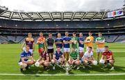 16 May 2022; In attendance at the launch of the 2022 Tailteann Cup, at Croke Park in Dublin, are from left to right, Martin O’Connor of Wexford, Evan O’Carroll of Laois, Kevin Maguire of Westmeath, Darragh Foley of Carlow, Niall Murphy of Sligo, Mickey Quinn of Longford, Teddy Doyle of Tipperary, Killian Clarke of Cavan, Mark Diffley of Leitrim, Declan McCusker of Fermanagh, Dean Healy of Wicklow, Conor Stewart of Antrim, Conor Murray of Waterford, Johnny Moloney of Offaly and Barry O’Hagan of Down. Photo by Ramsey Cardy/Sportsfile
