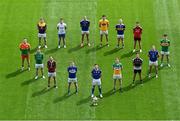 16 May 2022; In attendance are; front row, from left, Darragh Foley of Carlow, Declan McCusker of Fermanagh, Kevin Maguire of Westmeath, Evan O’Carroll of Laois, Mickey Quinn of Longford, Johnny Moloney of Offaly, Niall Murphy of Sligo, Dean Healy of Wicklow and Mark Diffley of Leitrim. Back row from left, Martin O’Connor of Wexford, Conor Murray of Waterford, Killian Clarke of Cavan, Conor Stewart of Antrim, Teddy Doyle of Tipperary and Barry O’Hagan of Down during the Tailteann Cup launch at Croke Park in Dublin. Photo by Piaras Ó Mídheach/Sportsfile