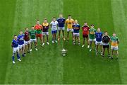 16 May 2022; In attendance, from left; Mickey Quinn of Longford, Evan O’Carroll of Laois, Kevin Maguire of Westmeath, Declan McCusker of Fermanagh, Darragh Foley of Carlow, Martin O’Connor of Wexford, Conor Murray of Waterford, Killian Clarke of Cavan, Conor Stewart of Antrim, Teddy Doyle of Tipperary, Barry O’Hagan of Down, Mark Diffley of Leitrim, Dean Healy of Wicklow, Niall Murphy of Sligo and Johnny Moloney of Offaly during the Tailteann Cup launch at Croke Park in Dublin. Photo by Piaras Ó Mídheach/Sportsfile