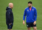 16 May 2022; Harry Byrne speaks with backs coach Felipe Contepomi during Leinster rugby squad training at Energia Park in Dublin. Photo by Harry Murphy/Sportsfile