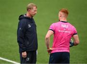 16 May 2022; Head coach Leo Cullen speaks with Ciarán Frawley during Leinster rugby squad training at Energia Park in Dublin. Photo by Harry Murphy/Sportsfile