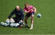 16 May 2022; Ben Murphy and senior kitman Jim Bastick during Leinster rugby squad training at Energia Park in Dublin. Photo by Harry Murphy/Sportsfile