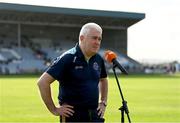16 May 2022; Offaly manager Leo O'Connor is interviewed by TG4 before the Electric Ireland Leinster GAA Minor Hurling Championship Final match between Laois and Offaly at MW Hire O'Moore Park in Portlaoise, Laois. Photo by Harry Murphy/Sportsfile