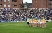 16 May 2022; Offaly players stand for Amhrán na bhFiann before the Electric Ireland Leinster GAA Minor Hurling Championship Final match between Laois and Offaly at MW Hire O'Moore Park in Portlaoise, Laois. Photo by Harry Murphy/Sportsfile