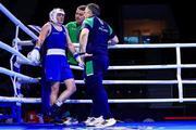 16 May 2022; Amy Broadhurst of Ireland with coach Zaur Antia, right, during her Light Welterweight 63kg quarter-final bout against Jelena Janicijevic of Serbia in the IBA Women's World Boxing Championships 2022 at the Basaksehir Sports Complex in Istanbul, Turkey. Photo by IBA via Sportsfile