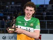 16 May 2022; Cillian Martin of Offaly is presented with the Electric Ireland Best & Fairest Award after the Electric Ireland Leinster GAA Minor Hurling Championship Final match between Laois and Offaly at MW Hire O'Moore Park in Portlaoise, Laois. Photo by Harry Murphy/Sportsfile