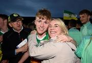16 May 2022; Adam Screeney of Offaly celebrates with his mother Jaquelin after his side's victory in the Electric Ireland Leinster GAA Minor Hurling Championship Final match between Laois and Offaly at MW Hire O'Moore Park in Portlaoise, Laois. Photo by Harry Murphy/Sportsfile