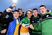 16 May 2022; Conor Doyle of Offaly celebrates with supporters after his side's victory in the Electric Ireland Leinster GAA Minor Hurling Championship Final match between Laois and Offaly at MW Hire O'Moore Park in Portlaoise, Laois. Photo by Harry Murphy/Sportsfile