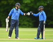 17 May 2022; Andrew Balbirnie and Simi Singh of Leinster Lightning in dicussion during the Cricket Ireland Inter-Provincial Cup match between Northern Knights and Leinster Lightning at Stormont in Belfast. Photo by Oliver McVeigh/Sportsfile