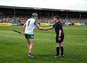 15 May 2022; Referee Colm Lyons with Limerick goalkeeper Nickie Quaid before the Munster GAA Hurling Senior Championship Round 4 match between Clare and Limerick at Cusack Park in Ennis, Clare. Photo by Ray McManus/Sportsfile