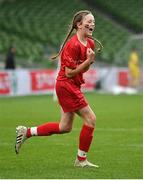 17 May 2022; The SPAR FAI Primary School 5s National Finals took place in AVIVA Stadium on Tuesday, May 17, where former Republic of Ireland International David Meyler and current Republic of Ireland women's footballer, Louise Quinn were in attendance supporting as girls and boys from 28 schools took to the field in a day that they will never forget. The 2022 SPAR FAI Primary School 5s Programme returned in physical form this year and saw an incredible 56,212 students involved from 1,081 schools. Pictured is Lily Flannery of Thomastown NC, Tipperary, celebrating scoring a goal against Ballymurn NS, Wexford, at the Aviva Stadium in Dublin. Photo by Piaras Ó Mídheach/Sportsfile