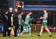 13 May 2022; Danny Mandroiu of Shamrock Rovers, left, comes on as a substitute for teammate Rory Gaffney during the SSE Airtricity League Premier Division match between Shamrock Rovers and Derry City at Tallaght Stadium in Dublin. Photo by Seb Daly/Sportsfile