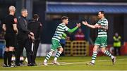 13 May 2022; Dylan Watts of Shamrock Rovers, left, comes on as a substitute for teammate Chris McCann during the SSE Airtricity League Premier Division match between Shamrock Rovers and Derry City at Tallaght Stadium in Dublin. Photo by Seb Daly/Sportsfile