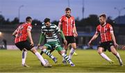 13 May 2022; Danny Mandroiu of Shamrock Rovers in action against Daniel Lafferty of Derry City during the SSE Airtricity League Premier Division match between Shamrock Rovers and Derry City at Tallaght Stadium in Dublin. Photo by Seb Daly/Sportsfile
