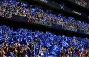 14 May 2022; leinster supporters wave flags before the Heineken Champions Cup Semi-Final match between Leinster and Toulouse at Aviva Stadium in Dublin. Photo by Brendan Moran/Sportsfile