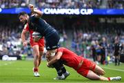 14 May 2022; Robbie Henshaw of Leinster is tackled by Juan Cruz Mallia of Toulouse during the Heineken Champions Cup Semi-Final match between Leinster and Toulouse at Aviva Stadium in Dublin. Photo by Brendan Moran/Sportsfile