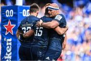 14 May 2022; Rhys Ruddock of Leinster, right, congratulated teammate Hugo Keenan on scoring their side's fourth try during the Heineken Champions Cup Semi-Final match between Leinster and Toulouse at Aviva Stadium in Dublin. Photo by Brendan Moran/Sportsfile