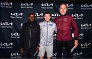 17 May 2022; Male finishers, from left, Peter Somba of Dunboyne AC, Kildare, second place, Paul O'Donnell of Dundrum South Dublin AC, first place, and Michael Harty, East Cork AC, third place, after the Kia Race Series – Bob Heffernan & Mary Hanley 5K in Enfield, Meath. Photo by Ben McShane/Sportsfile