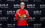 17 May 2022; Michael Counsel of Trim AC, Meath, with the Leo McKenna Shoe after winning the M55 category in the Kia Race Series – Bob Heffernan & Mary Hanley 5K in Enfield, Meath. Photo by Ben McShane/Sportsfile