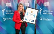 17 May 2022; Jacqui Hurley with The Jimmy Magee Award for Sport Journalist of the Year award during the Irish Sport Industry Awards 2022, in association with Clubforce, at The Westin Hotel in Dublin. Photo by Stephen McCarthy/Sportsfile