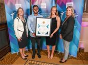 17 May 2022; Mary O'Connor, CEO, Federation of Irish Sport, left, and Clare McGrath, Chairperson, Federation of Irish Sport, right, with Her Sport representatives Mohammed Mahomed, co-Founder of Her Sport, and Niamh Tallon, co-Foundeer of Her Sport, with their award for Best Use of Communications Platforms in Sport during the Irish Sport Industry Awards 2022, in association with Clubforce, at The Westin Hotel in Dublin. Photo by Stephen McCarthy/Sportsfile