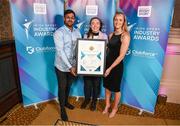 17 May 2022; Her Sport representatives, from left, Mohammed Mahomed, co-Founder of Her Sport, Alanna Cunnane, writer with Her Sport, and Niamh Tallon, co-Foundeer of Her Sport, with their award for Best Use of Communications Platforms in Sport during the Irish Sport Industry Awards 2022, in association with Clubforce, at The Westin Hotel in Dublin. Photo by Stephen McCarthy/Sportsfile